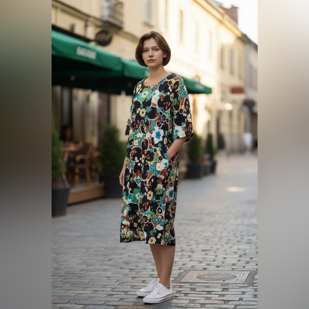 Voyage by Marina Rinaldi black floral shift dress w pockets. Plus size 12 Italy
